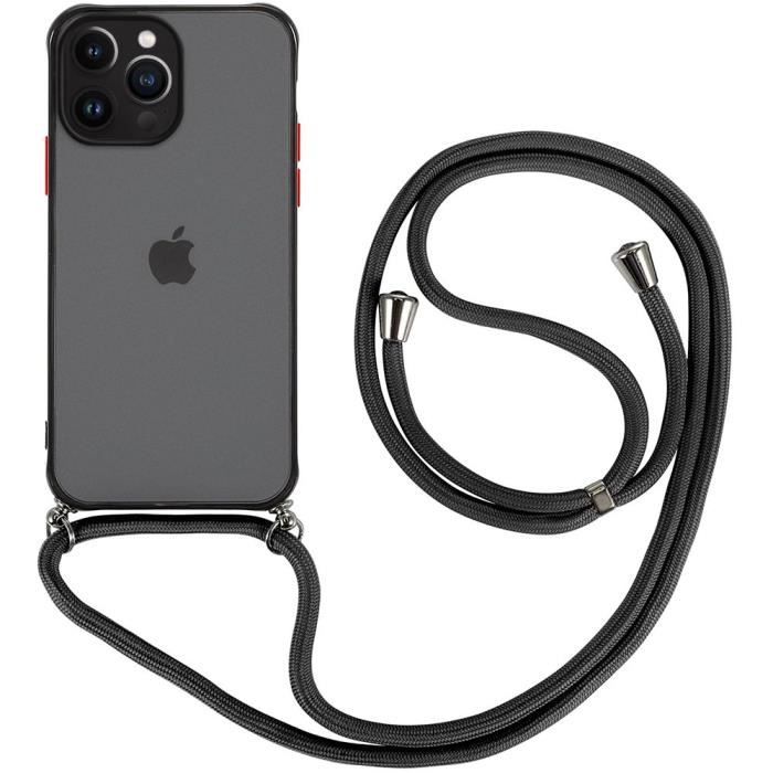 Coque pour iPhone 13 Pro - Protection Anti-choc - Rigide - Semi-Transparente Givrée - Avec Chaîne Noir