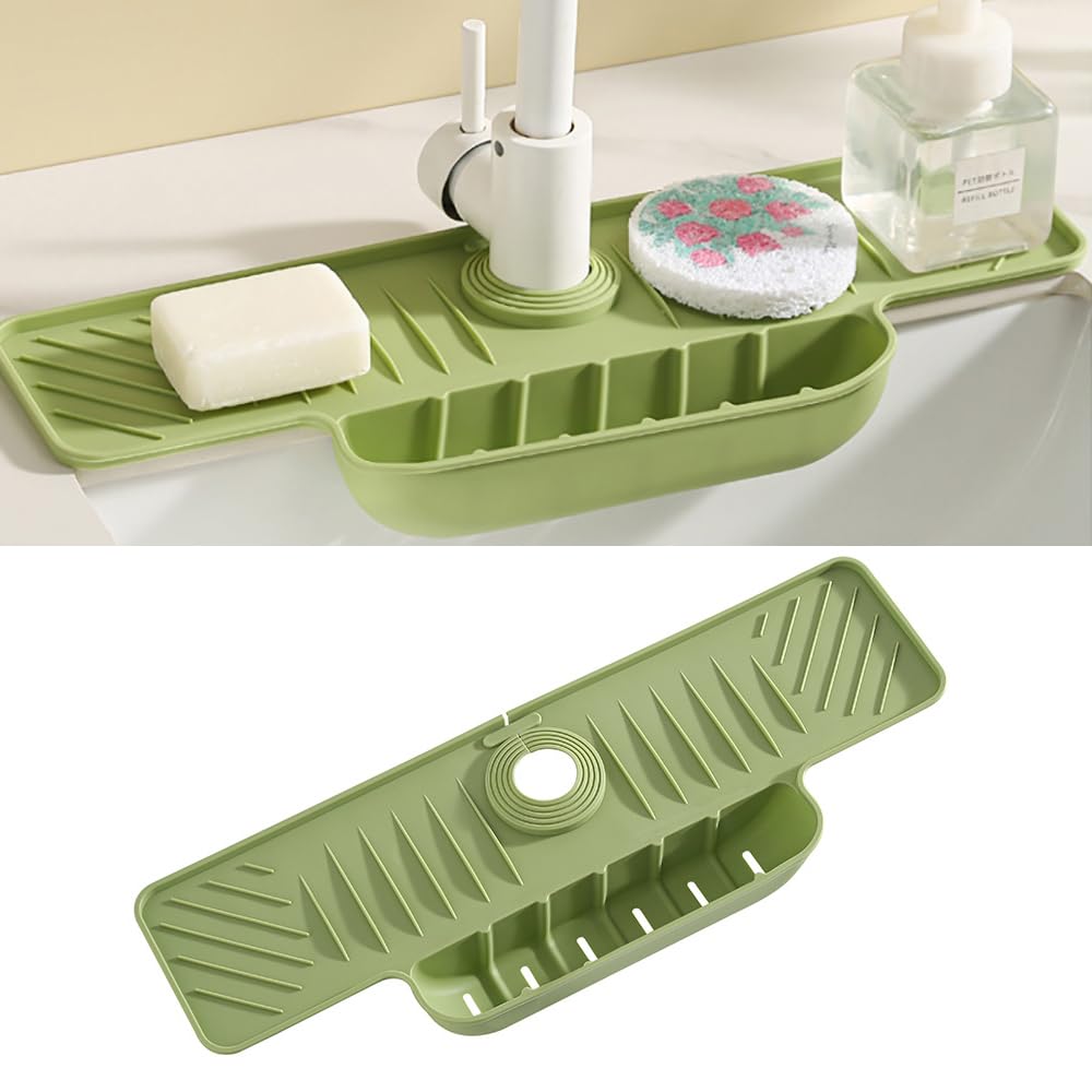 Silicone Faucet Splash Guard & Drip Tray - Non-Slip Countertop Drying Mat with Drainage Grooves - Multi-Compartment Sink Organiz