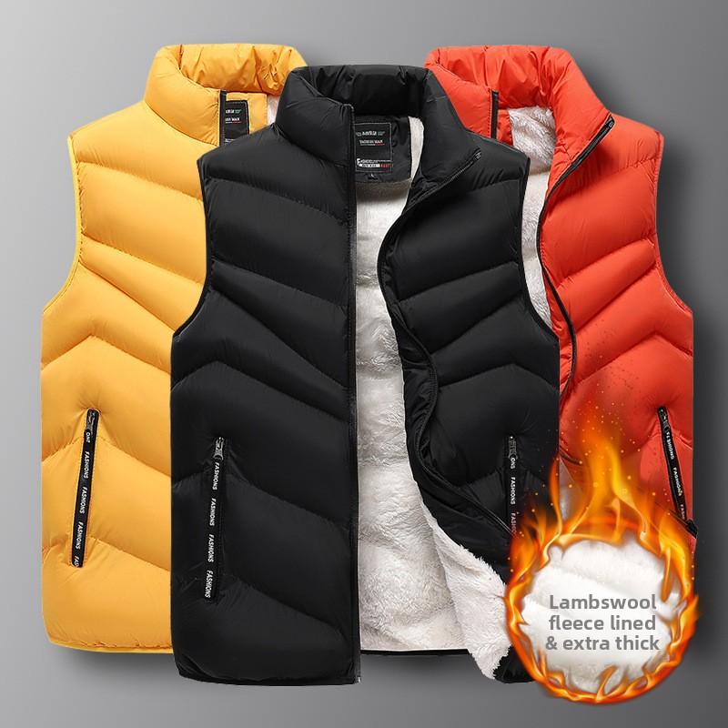 Plus Size Winter Fleece-Lined Thickened Vest for Men, Autumn and Winter Warm Outdoor Lamb Wool Vest with Stand Collar and Sleeveless Design