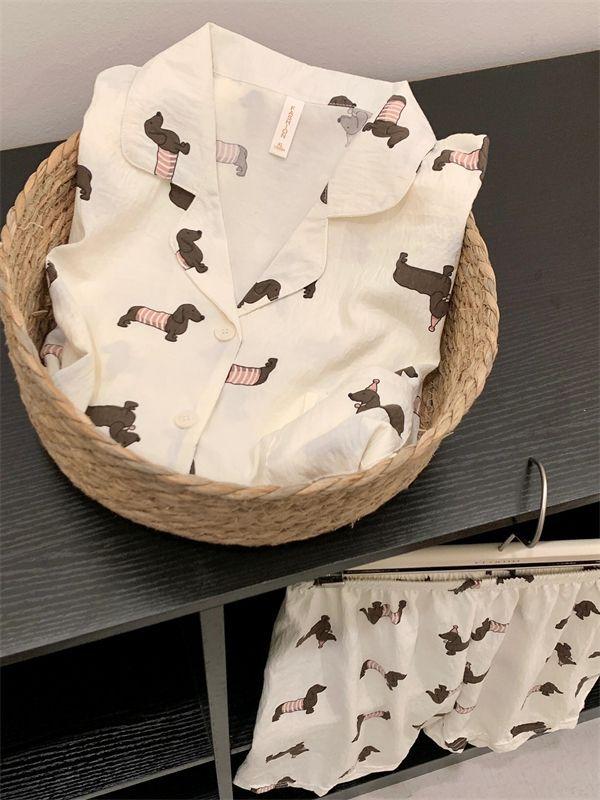 

Korean version of simple style sausage puppy pajamas women s summer short-sleeved shorts cardigan set can be worn outside loungewear S