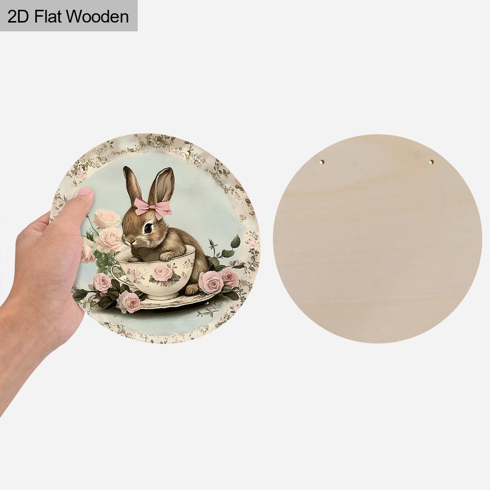 Vintage Teacup Bunny Wooden Sign, Charming Round Sign for Front Door, Wall Hanging Decor - Ideal Easter & Shabby Chic Gift for Home