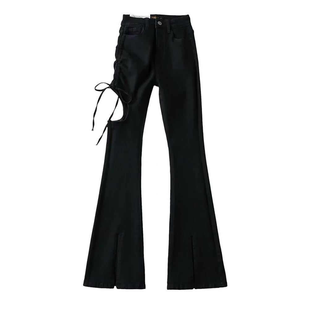 

European & American INS Spicy Girl Drawstring Lace-Up Flare Pants – High Waist, Slim Fit, Leg-Revealing Denim with Front Slit. S чёрный