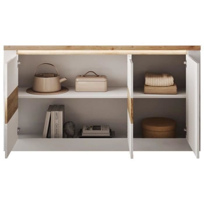 Buffet - IMOLA - Blanc Laqué Brillant / Chêne Clair - 3 Portes - 160 X 43 X 88 Cm - Eclairage LED
