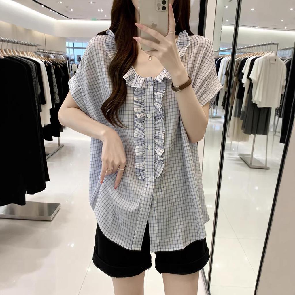 2026 Summer Plus Size Slimming French Petal Collar Shirt for Women