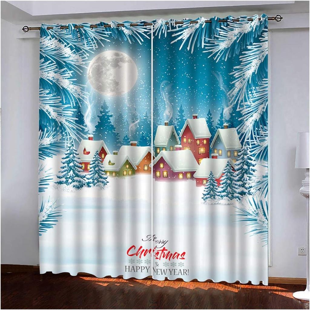 Christmas Curtain Funny Anta Claus Riding Sleigh Delivering Present Ball Winter Print Drapes Bedroom Party Decor For Made Of Polyester