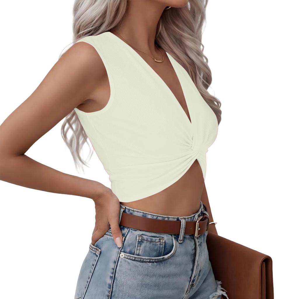 Damen Ärmelloses V-Ausschnitt Crop Top Verdrehte Vorderseite Lässiges Sommerhemd Enganliegend Dehnbarer Stoff Weich Bequem