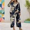 Women Plus Size Round Neck Long Sleeve Firework Star Printed Layered Top Wide Leg Cropped Pants Two Piece Set