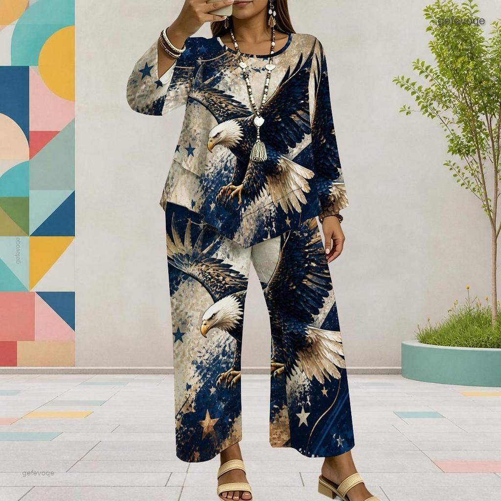 Women Plus Size Round Neck Long Sleeve Firework Star Printed Layered Top Wide Leg Cropped Pants Two Piece Set
