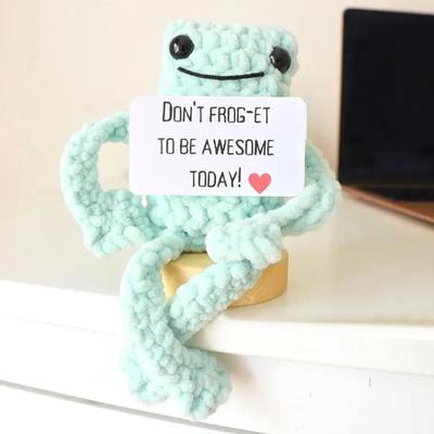 Positive gehäkelte Froschpuppe mit ermutigender Karte, emotionale Unterstützung, handgemachtes Stricktier, Dekoration, Ornament, Stressabbau-Spielzeug