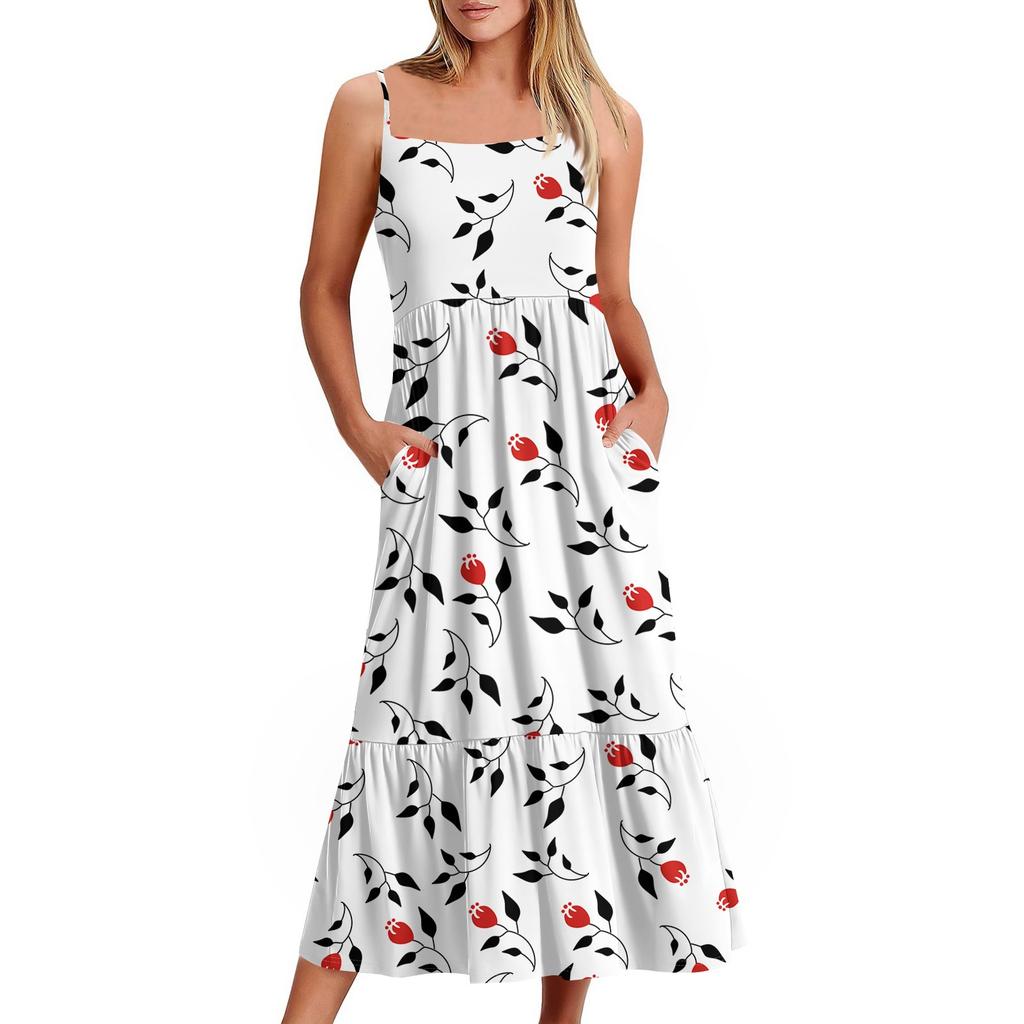 Kvinners Lang Strand Casual Elegant Spaghettistropp Maxi Kjole Blomstret Diskret Flytende Bohemsk Kjole