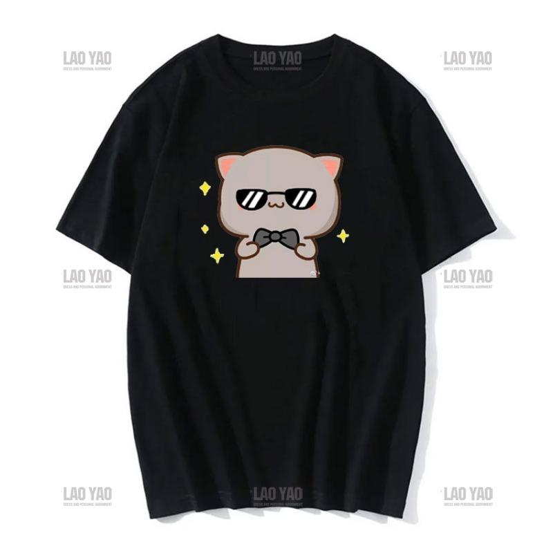 Słodka brzoskwiniowa kotka z kreskówkową parą nadrukowaną koszulką unisex szara wysłana kwiaty do brzoskwiniowej koszulki nowy styl miłośnicy ubrań casualowa koszulka