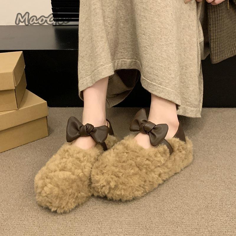 Halkfri Sula Dammode Rosette Fluffiga Tofflor Koreansk Stil Mjuk Sula Plysch Slip-On Utomhus Inomhus Bekväma Loafers Storlek 35-40