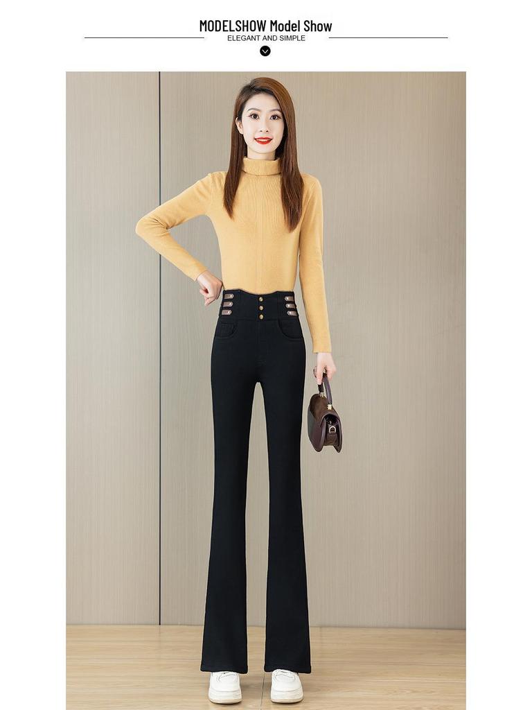 High Waist Velvet-Lined Denim Flare Pants for Women - Slimming, Elastic, and Warm Nine-Point Length