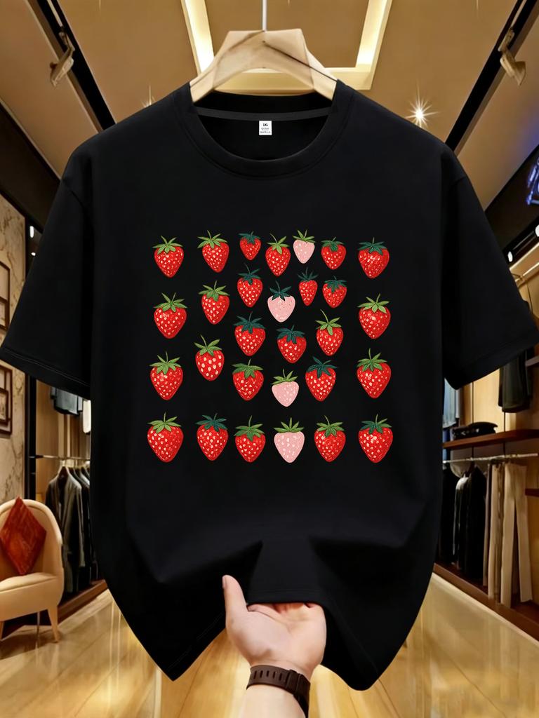 Wds01419strawberry Print Plus Size Unisexs Round Neck Tshirt Summer Casual Street Fashion Unisexs Joker Short Sleeve Tshirt