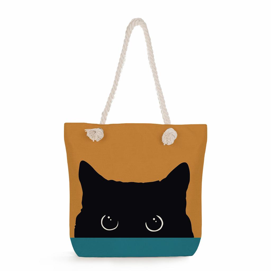 Bicolor cat print thick rope single-shoulder beach bag 7283 CLE