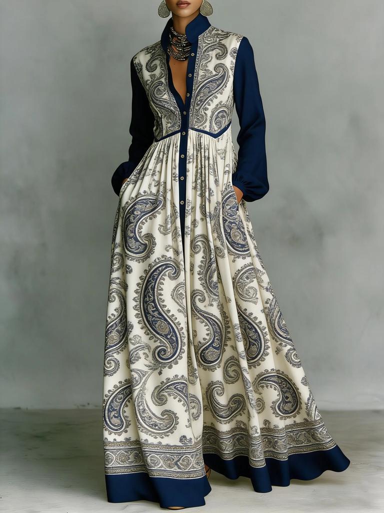 Cross-border European and American French Waist Slim Long-sleeved Printed Dress Elegant Retro Casual Dress Resort Style Women's Clothing