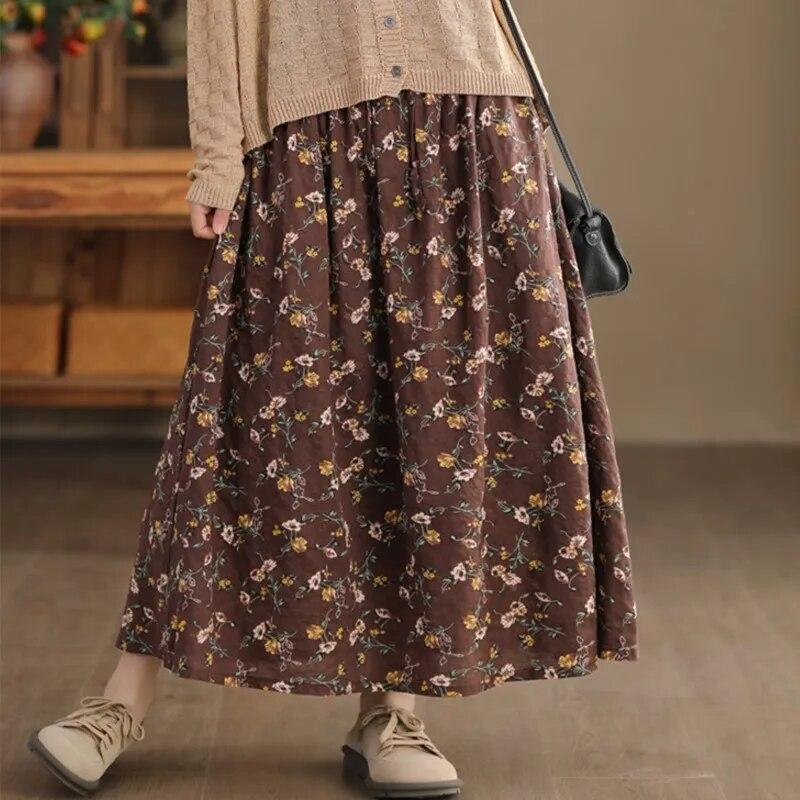 Women Vintage Print Floral Skirts Elastic Waist Casual Cloths Spring Soft Women A-Line Skirts