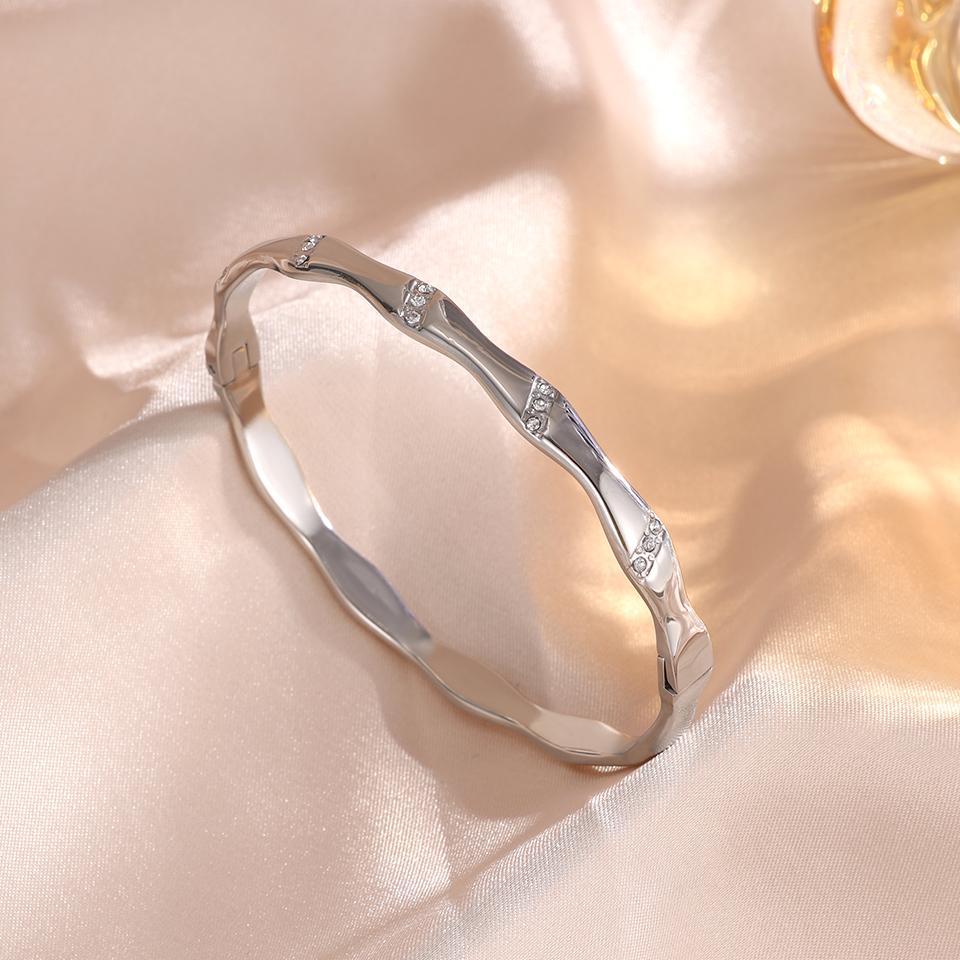 ZAKOL Personalized Bamboo Inlaid Zircon Stainles Steel Bangles Smooth Metal Bracelet Waterproof Zircon for Women