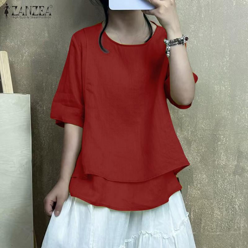 ZANZEA Women Summer Round Neck Loose Casual Half Sleeve Blouse