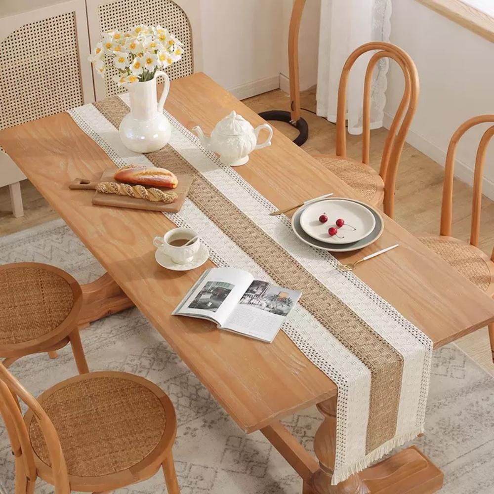 Table flag farmhouse style, natural coarse linen Bohemian table flag modern farmhouse decoration, simple woven cotton crochet la