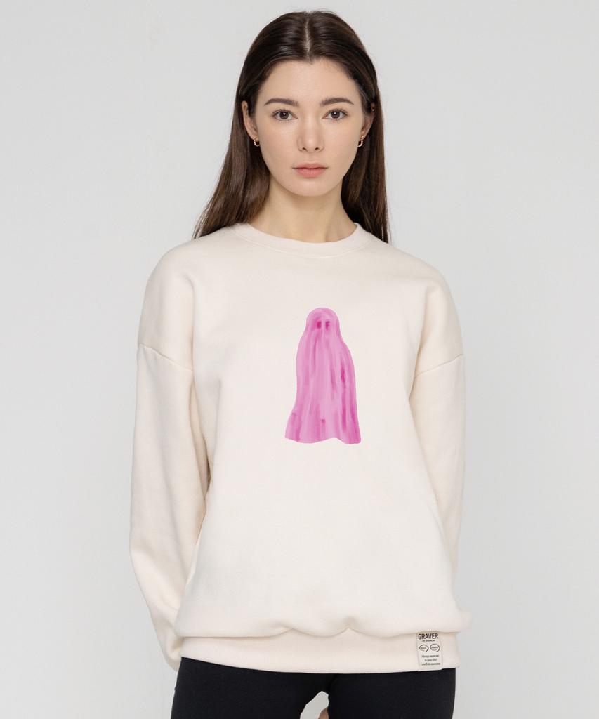 GRAVER [Unisex] Ghost Center Sweatshirt_Cream/Pink Logo