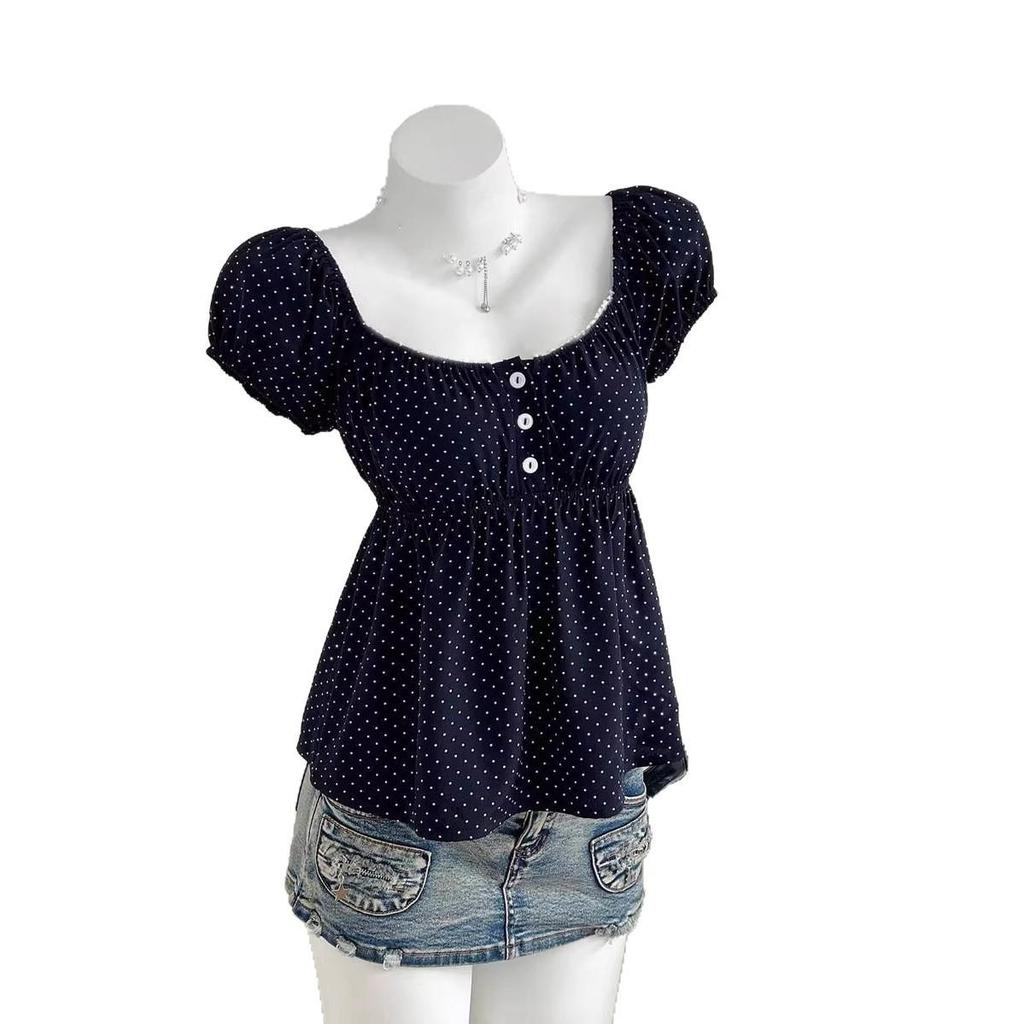 2025 European Summer Polka Dot Puff Sleeve Women's Top with French Square Neck
