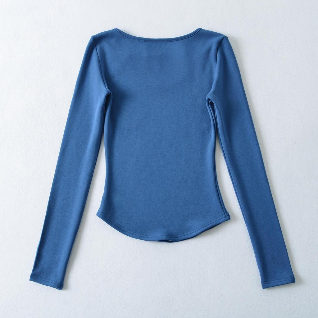 Spicy Girl Diamond Buckle Hollow U-Neck Plus Velvet Long-Sleeved Slim-Fit Top for Women - Stylish for Spring, Autumn & Winter