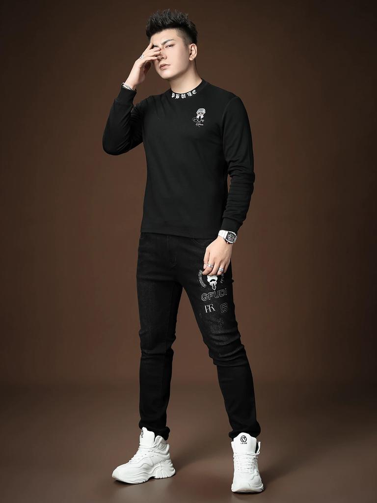 European Long-Sleeve T-Shirt for Men, 2025 Autumn New Fashion Brand, Semi-High Collar, Slim Fit, Rhinestone Embellished Base Shirt, Men's T-Shirt