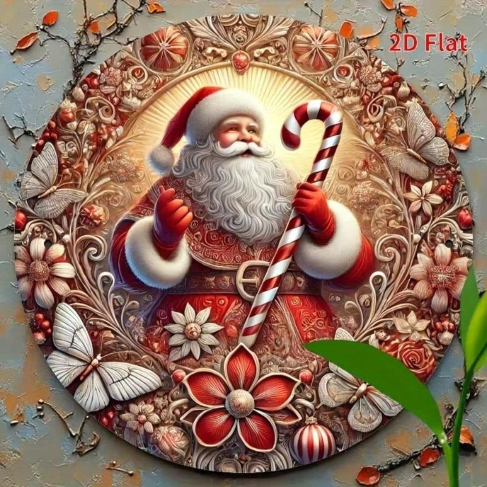 Christmas Santa Candy Cane 2D Metal Wall Art Round Tin Sign Decor