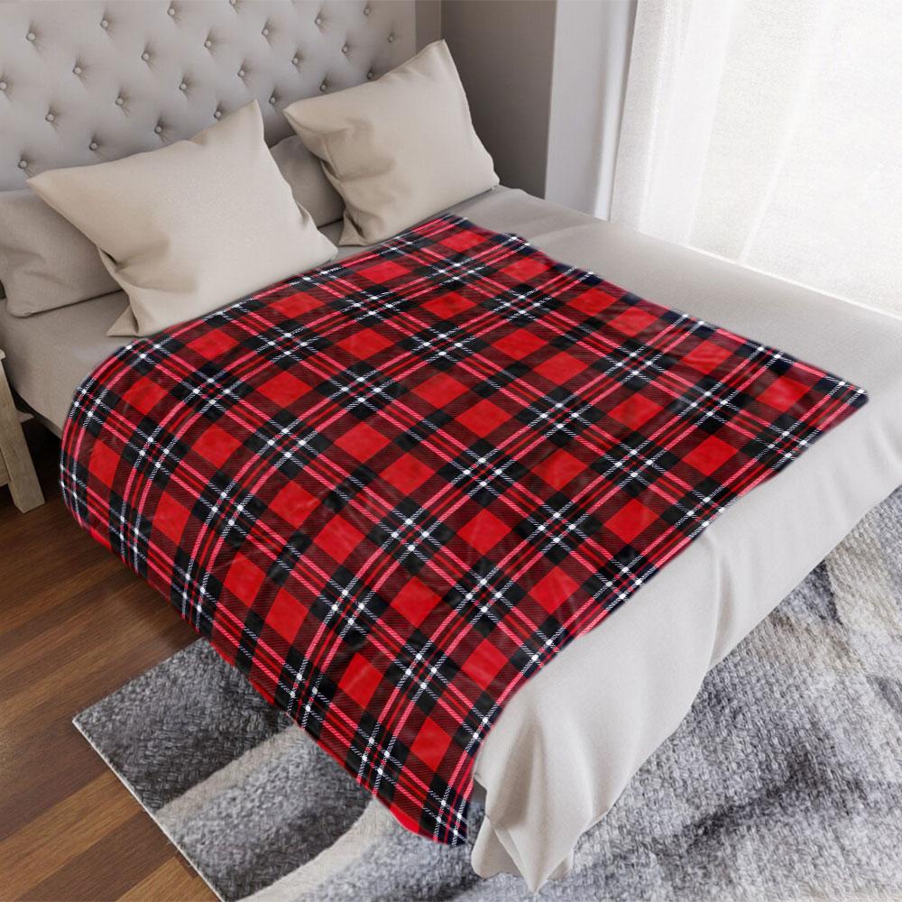 Classic Tartan Plaid Throw Blanket - Bright Red with Black & White Checkered Pattern, Symmetrical Traditional Design, Soft &
