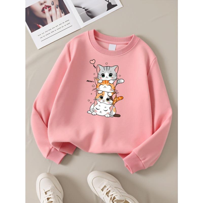 European sizes Girls' Long-Sleeve Round Neck Sweatshirt "Cute Cat Stack" Print, Spring/Autumn, Casual, Daily & Sports.