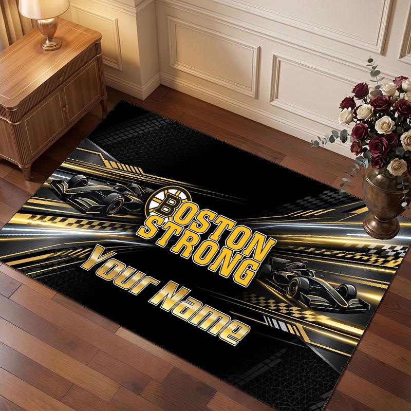 Boston Bruins Personalized Crystal Velvet Carpet, Customized Name Text Soft Anti‑Slip Rug for Living Room Bedroom