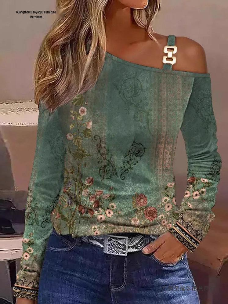 2026 Autumn Metal Buckle One-Shoulder Blouse for Women
