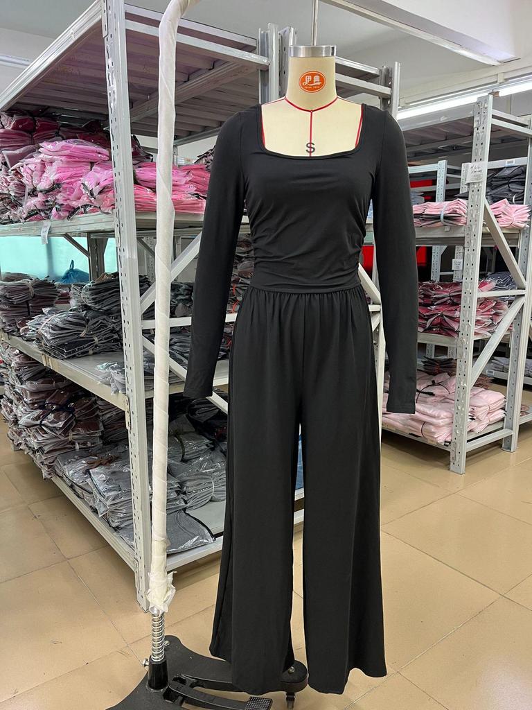 2026 Europäischer & Amerikanischer Stil Quadratischer Ausschnitt Jumpsuit - Langarm, Taillenbetonend, Weitbeinige Hose, Lässiger High Waist Jumpsuit für Damen