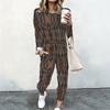 Female Round Neck Long Sleeve Top And Elastic Waist Straight Leg Trousers Two Piece Leisure Outfit