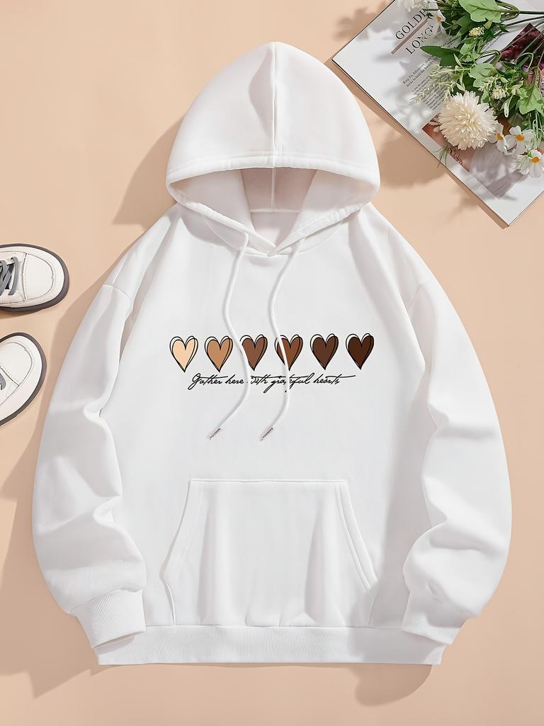 Damska bluza z kapturem i nadrukiem serca, wygodna, ściągana sznurkiem, z długim rękawem, wygodna, codzienna odzież