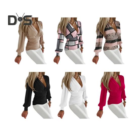 Women Spring Shirt Deep V Neck Pleated Striped Color Matching Long Sleeve Solid Color Lantern Sleeve Slim Fit OL Commute Top