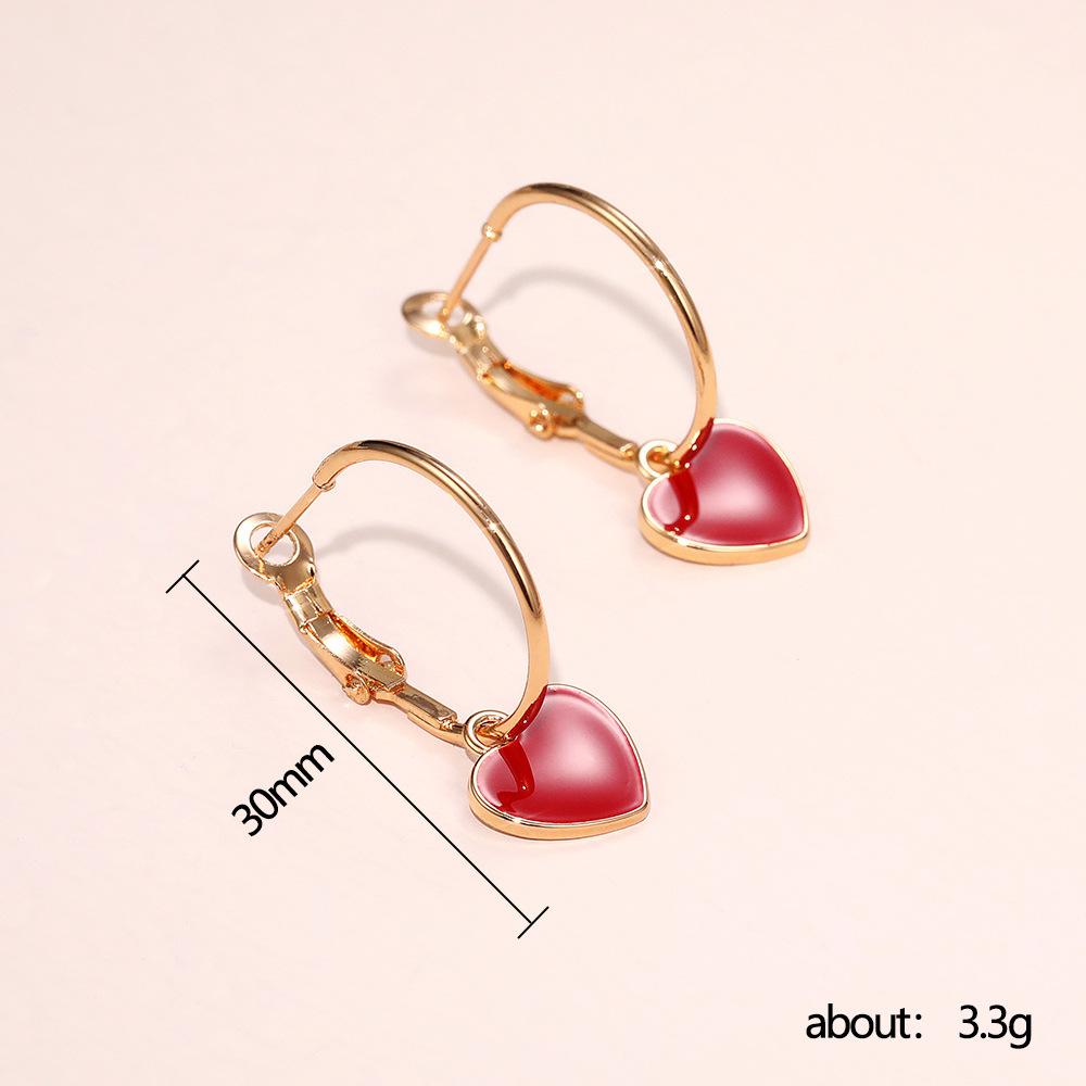 Gold Plated Red Enamel Heart Hoop Earrings, Dainty Love Charm Drop Earrings for Women