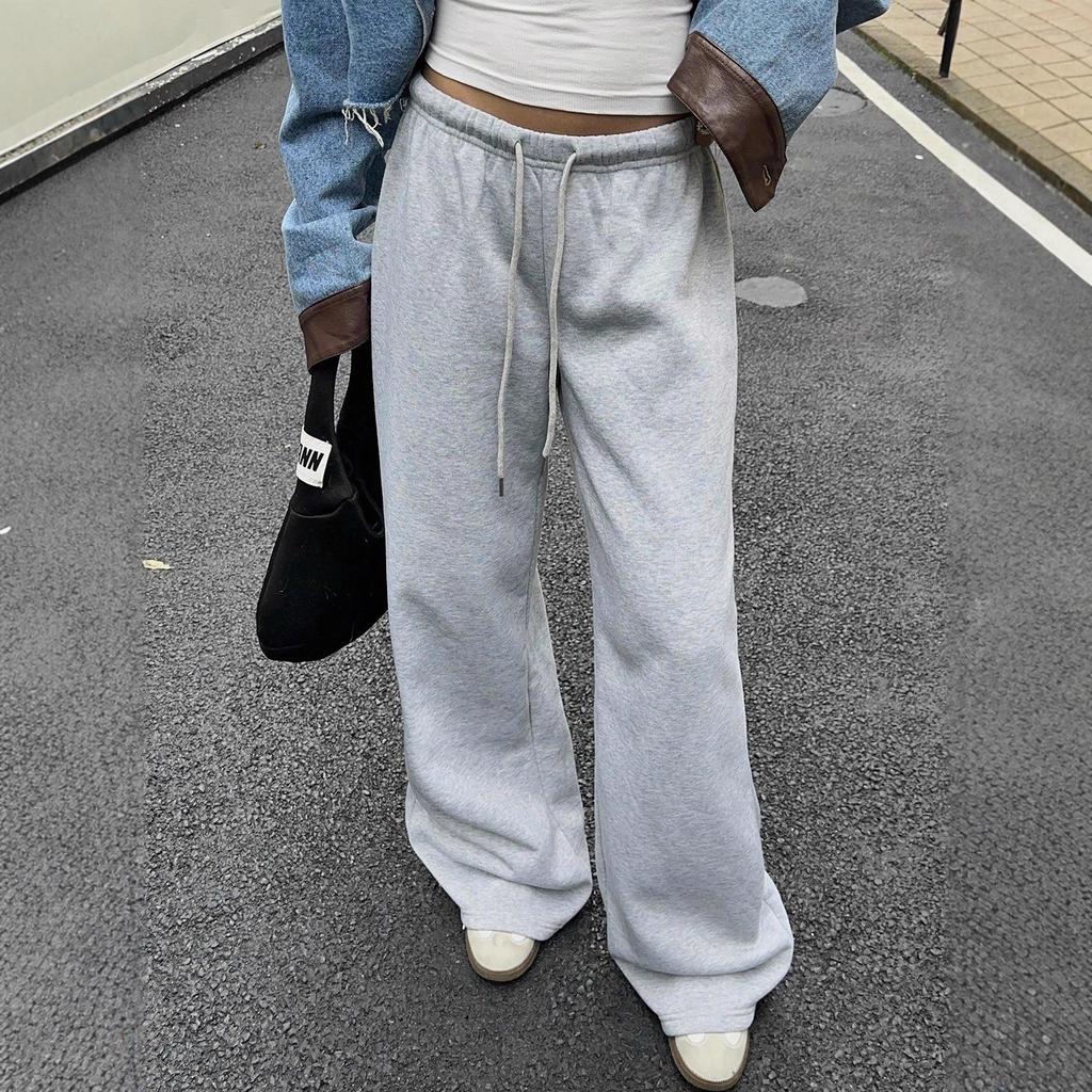 Women's Mid Low Waist Drawstring Wide Leg Sweatpants Casual Loose Straight Leg Track Pants