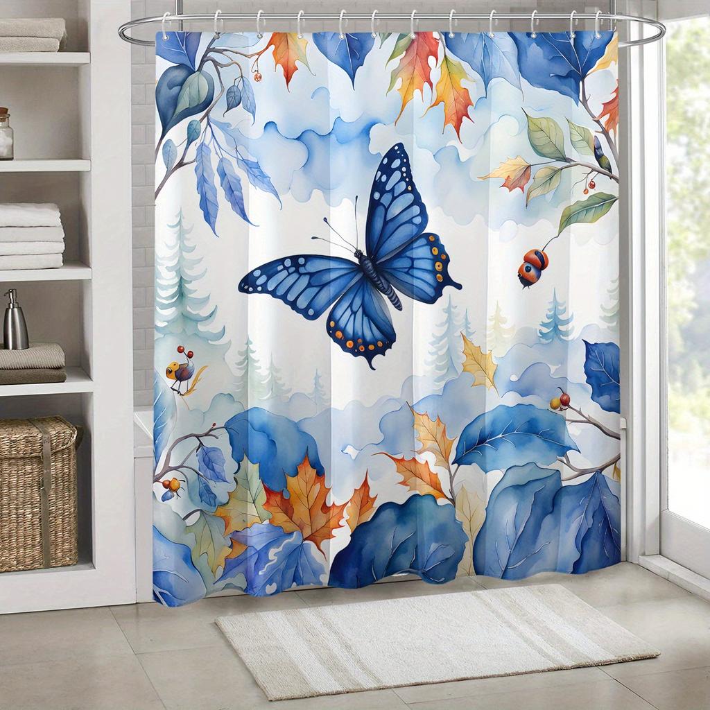 1Pc Blue Butterfly Insect Maple Leaf Autumn Print Shower Curtain, Polyester Fabric, With Hook, Universal For All Seasons