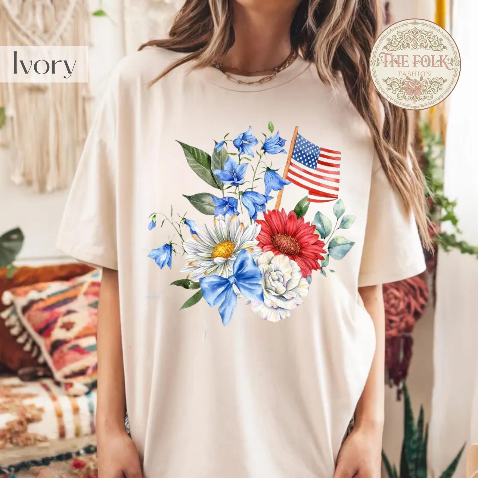 Patriotic Floral American Flag Shirt, Watercolor USA Flower Tee, 4th of July Coquette Bow T-Shirt, Red White Blue Liberty Top, Summer Gift S