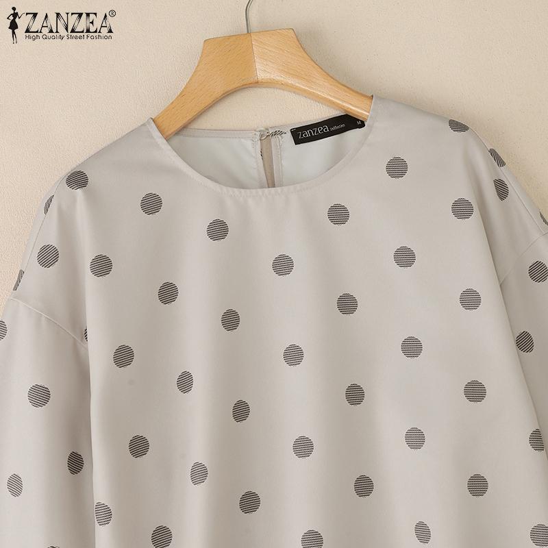 ZANZEA Women Casual Round Neck 3/4 Sleeve Loose Polka Dot Print Blouse