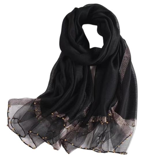 

Lady Scarf Imitation Silk Beads Decor Contrast Color See-through Thin Sunscreen Wide Quick Dry Summer Neck Wrap Party Favors чёрный