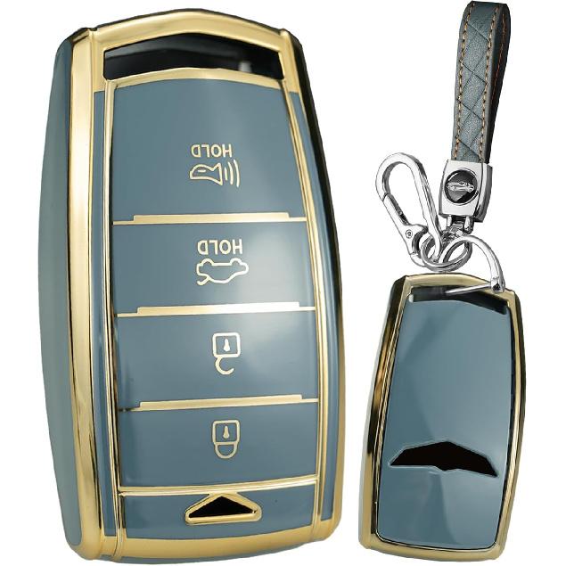 SANRILY Golden-Edge 4 Button Key Fob Cover Fit for Genesis G70, G80, G90 2017-2020 Keyless Full Coverd Smart Key Case with Leather Keychain Black