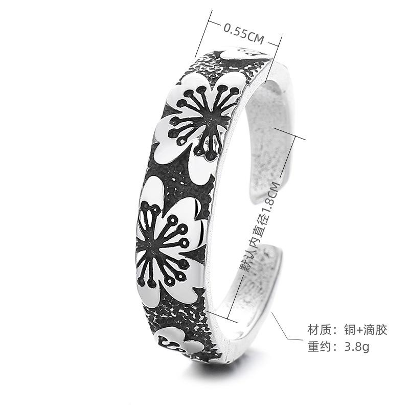 2026 Chinese Style Retro Niche Design Cherry Blossom Ring Silver-plated Men's and Women's Personalized Single Opening Adjustable Ring Plain Ring
