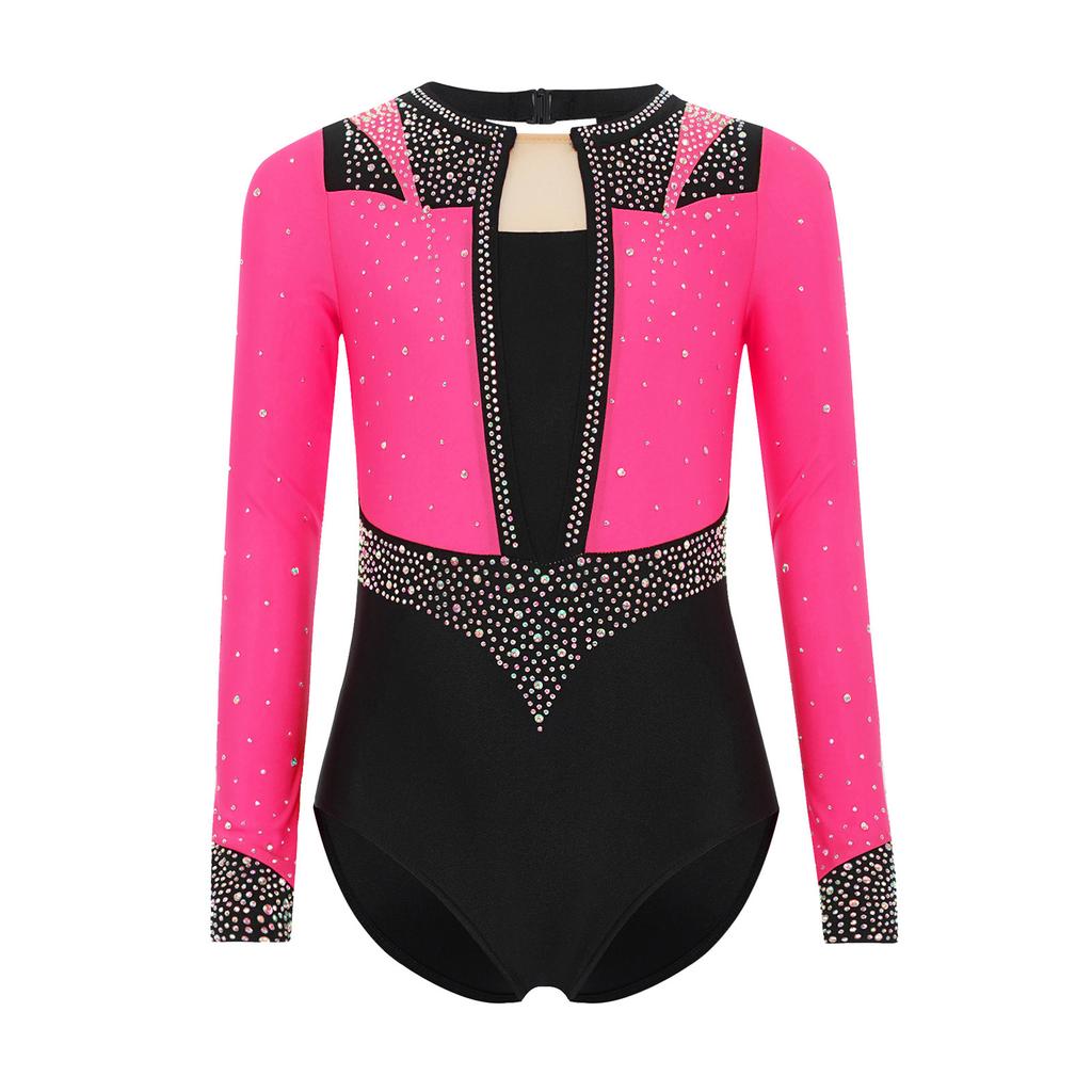 Girls Gymnastics Leotard Long Sleeve Keyhole Back Shiny Rhinestones Figure Skating Dancewear