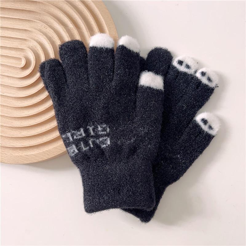 Knitted Wool Warm Gloves for Winter Women Cartoon Cute Thickened Student Writing Cold Proof Five Fingers Revealing Fingers To Touch Screen