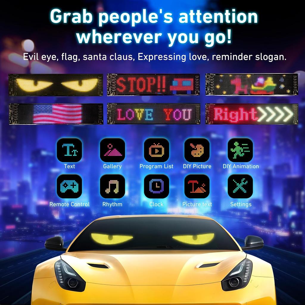 2PCS LED Eyes For Car Windshield, 13.7"X4" Devil Eyes Light For Cars, Programmable Soft Screen LED Sign With APP Control And Remote Controller