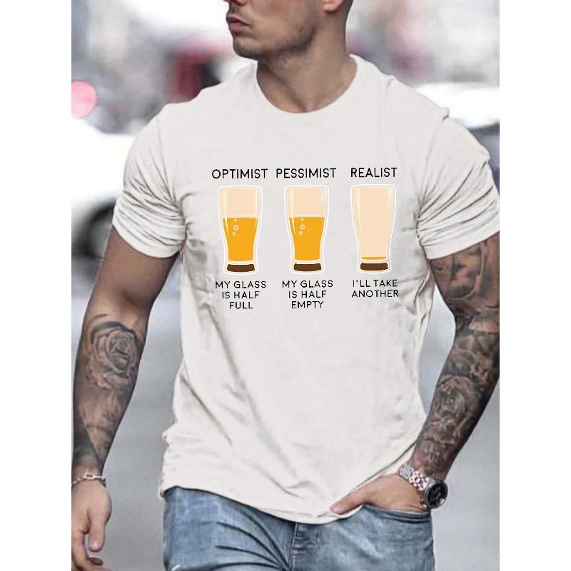 Optimist Pessimist Realist Beer Glasses T-Shirt for Men - Casual Summer, Round Neck, Printed Pattern, Regular Fit S