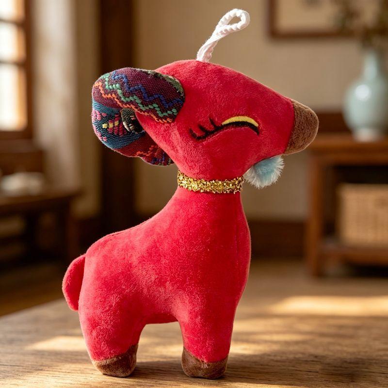 Cute Chinese Style Goat Plush Toy Red Lucky Sheep Mascot Stuffed Animal With Ethnic Embroidery For Home Decoration New Year Gift